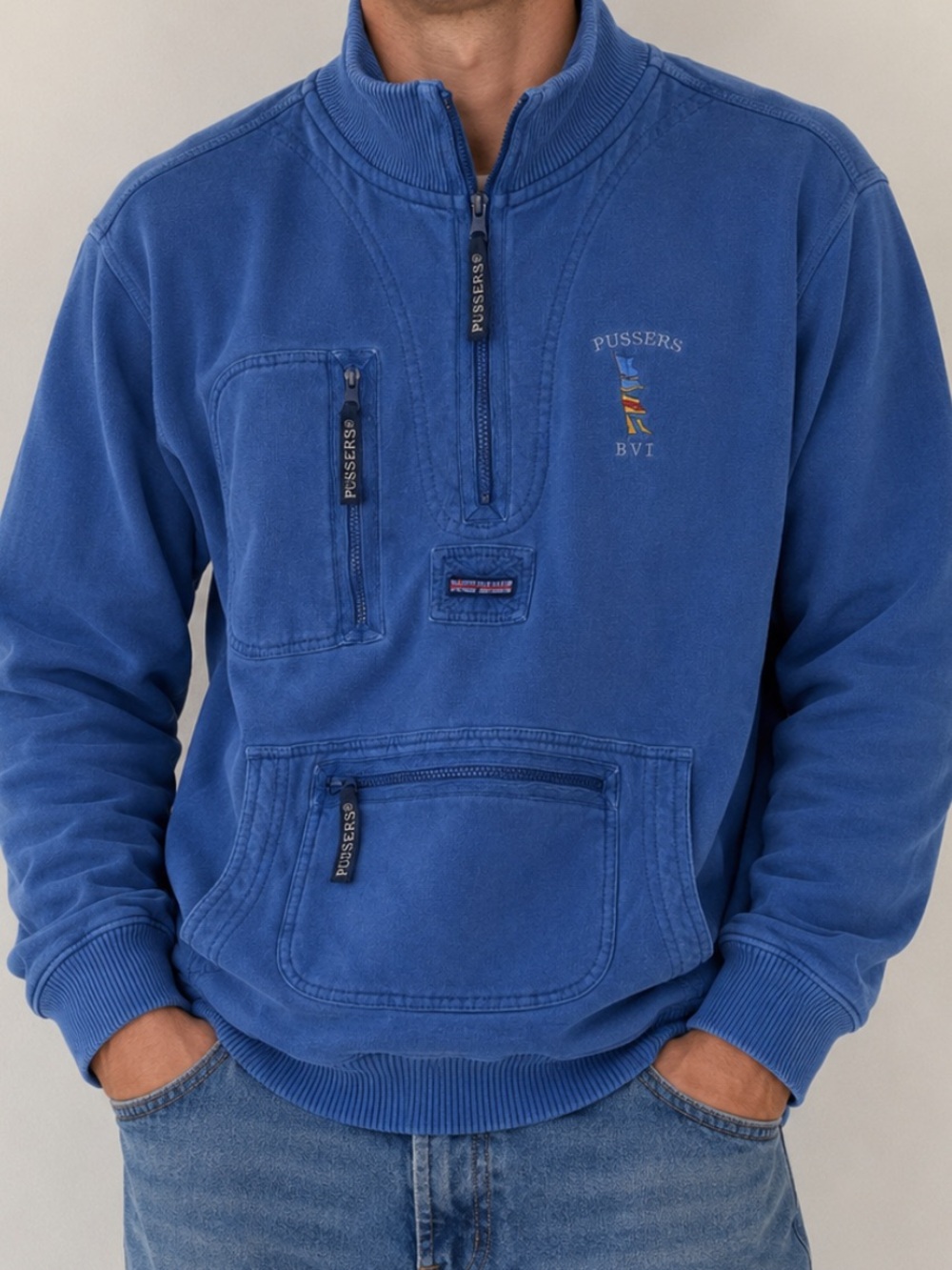 Vintage Pussers West Indies Sweatshirt Mens Large Blue Pouch Pocket BVI Nautical